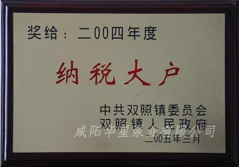 咸陽(yáng)華星泵業(yè)有限公司被評(píng)為2004年納稅大戶(hù)